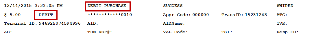 the printed electronic payment information for debit cards.